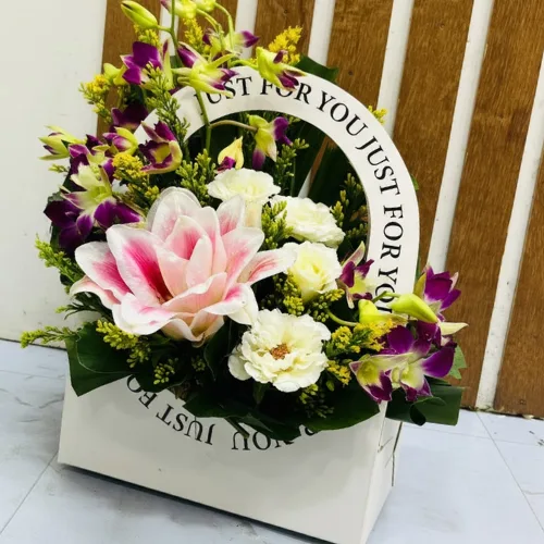 The Exotic Opulence White Box Lily, Orchid & Rose Mix