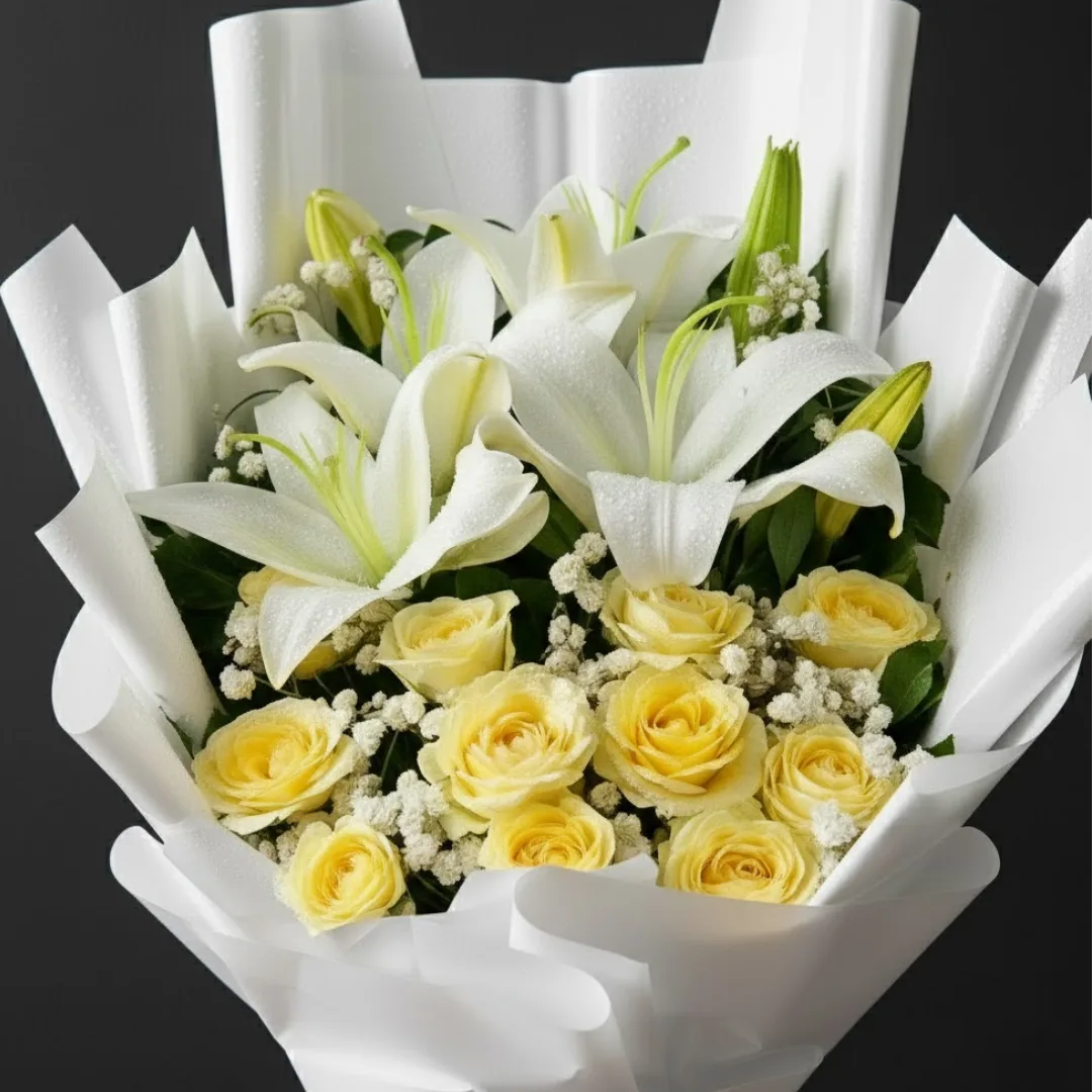 Elegant White Chinese Lily & Yellow Rose Stand Bouquet