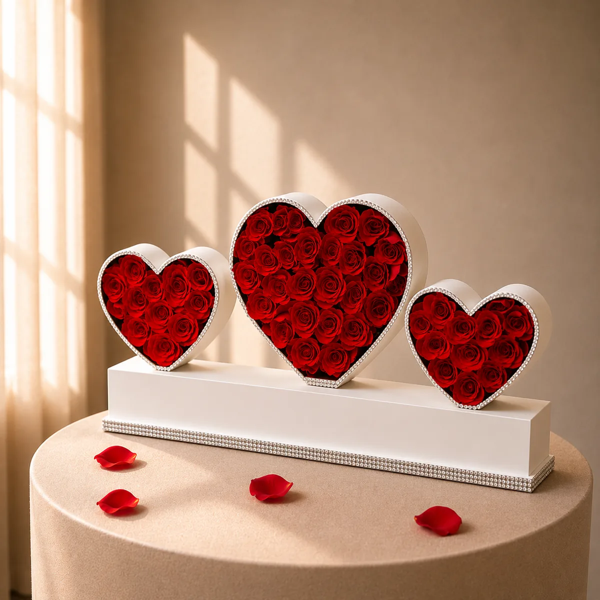 The Triple Heart Luxury: Signature Rose Trio Anniversary Gift