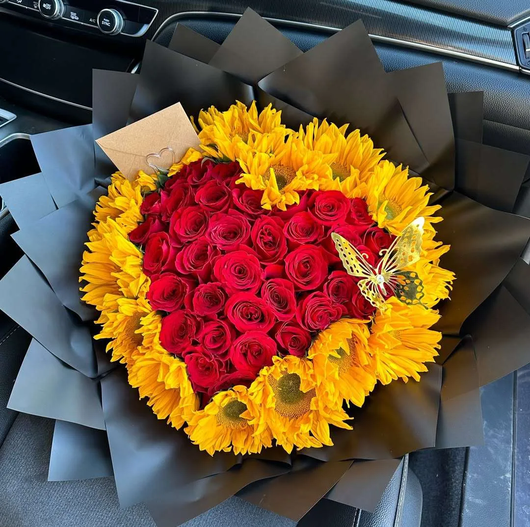 Sunflower & Red Rose Heart Bouquet with Butterfly