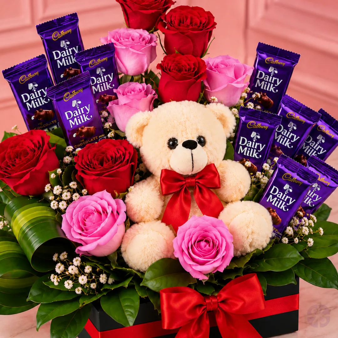 Teddy, Roses & Dairy Milk Chocolate Basket