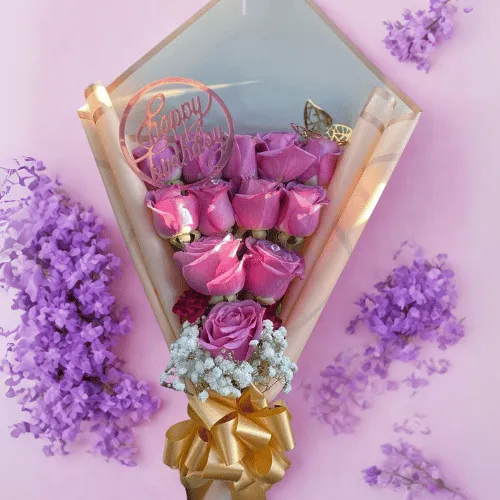 Pink Rose Bouquet with Topper & Golden Wrap