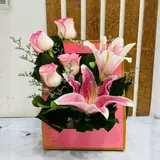 Pink Fantasy Chinese Lily and Pink Shade Roses Box Arrangement – photo 1