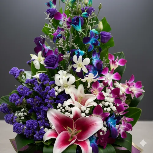 Elegant Orchid & Lily Bloom Basket