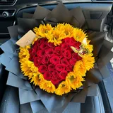 Sunflower & Red Rose Heart Bouquet with Butterfly – photo 1