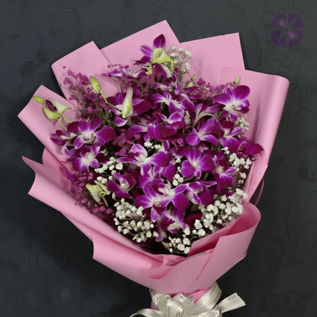 Royal Charm Fresh Purple Orchid and Baby's Breath Bouquet