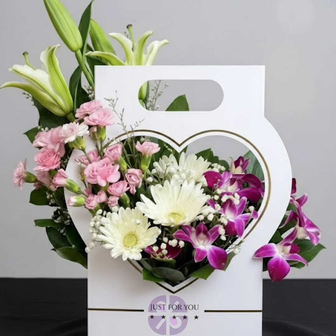 Heartfelt Affection Orchid, Gerbera, Carnation & Lily Flower White Love Shape Bag