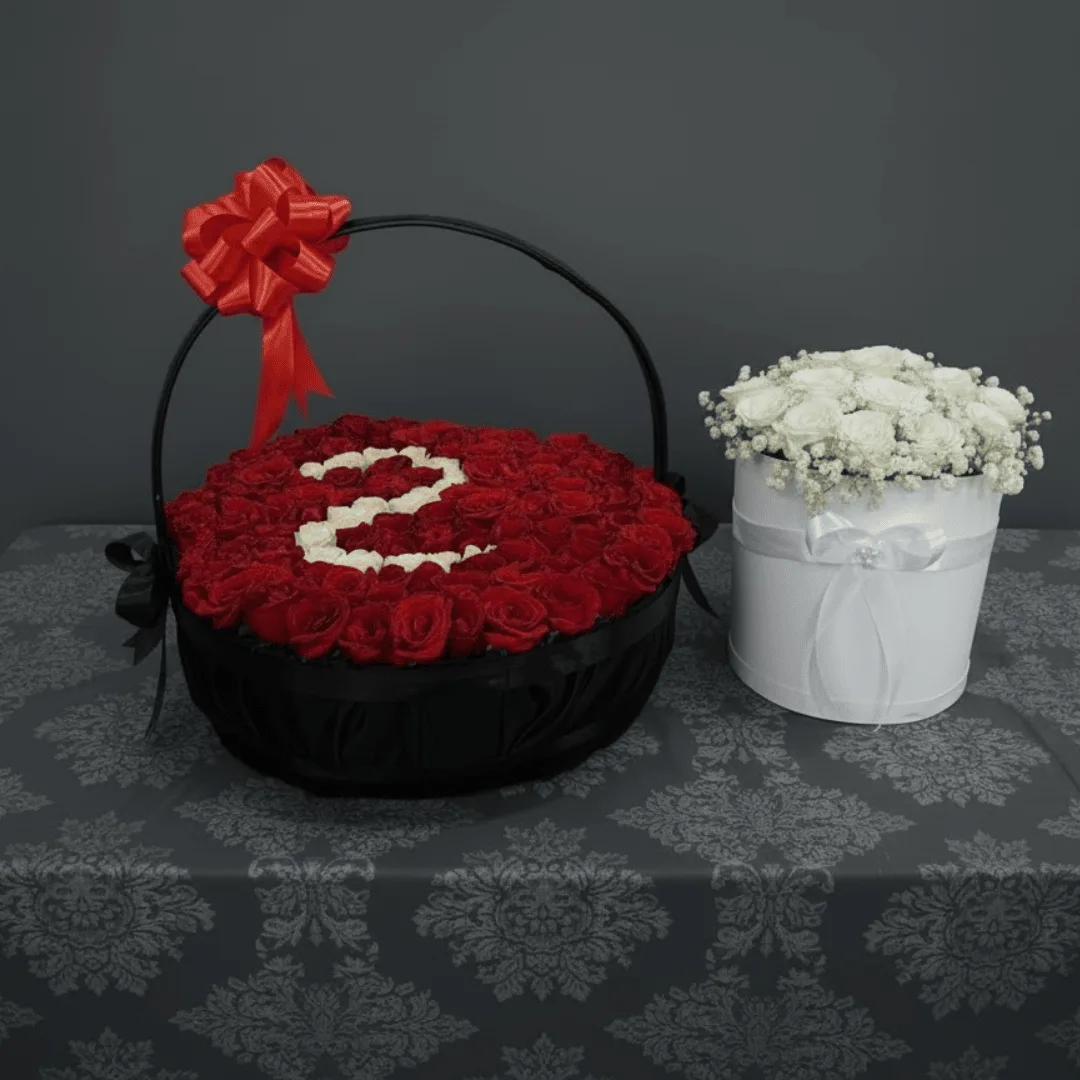 Ultimate Affection Personalized Red Rose Basket & White Rose Box Combo