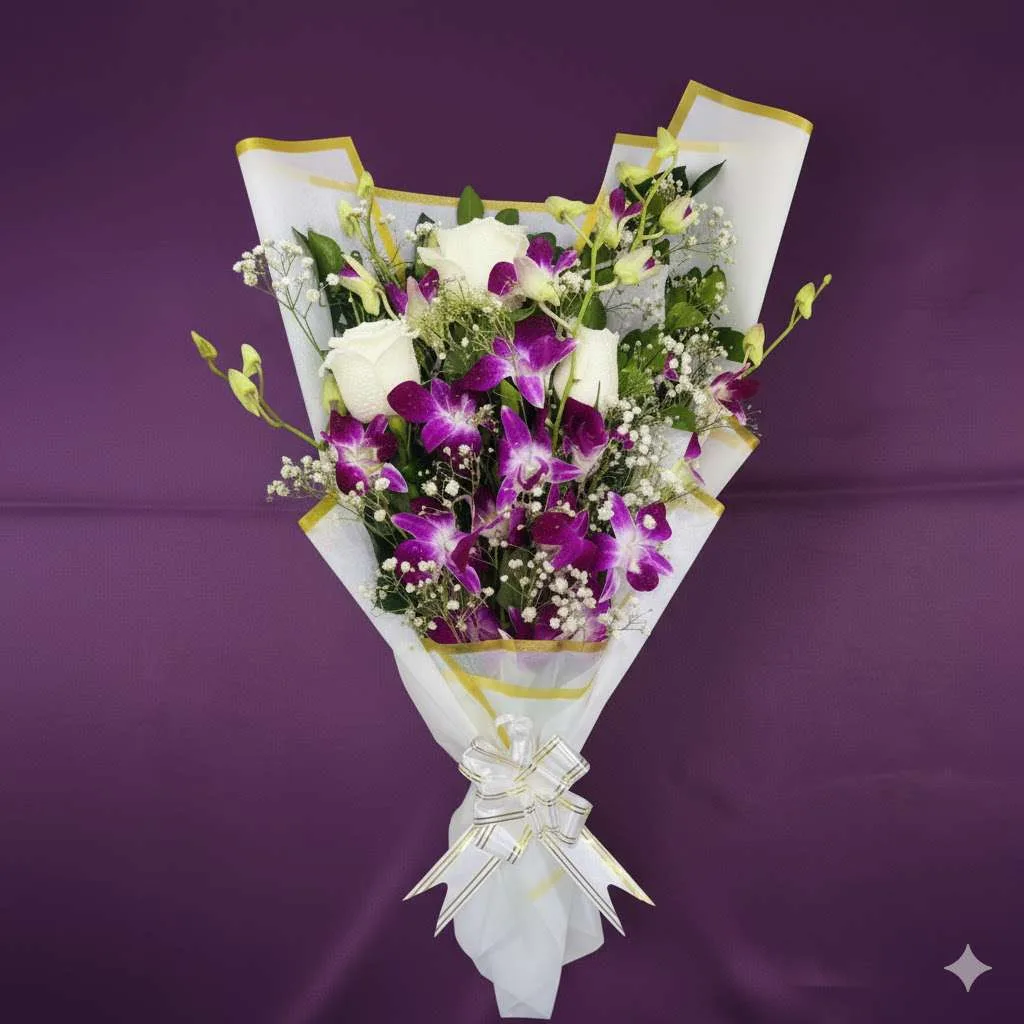 The Exotic Royal Orchid, Rose & Gypsy Bouquet