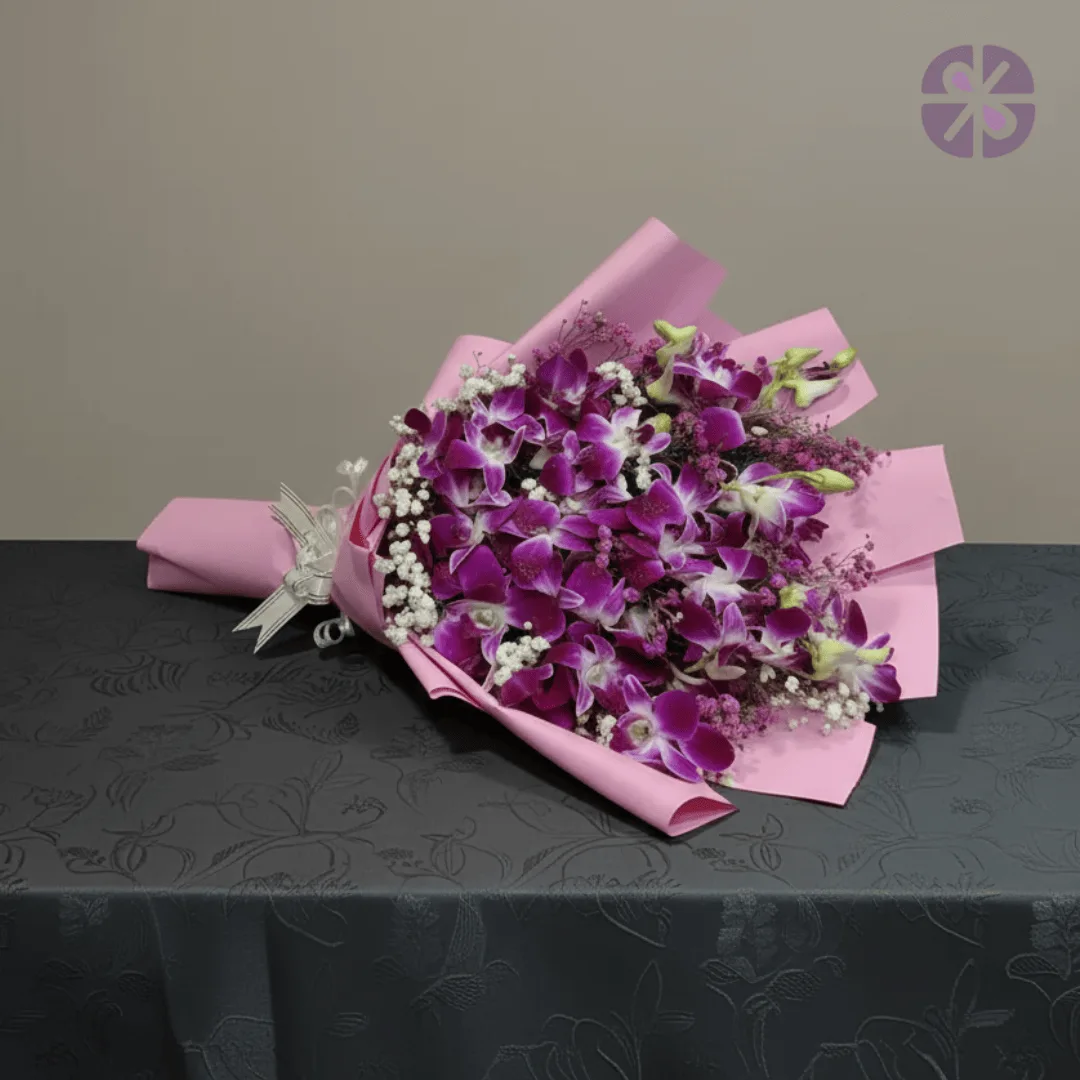 Royal Charm Fresh Purple Orchid and Baby's Breath Bouquet