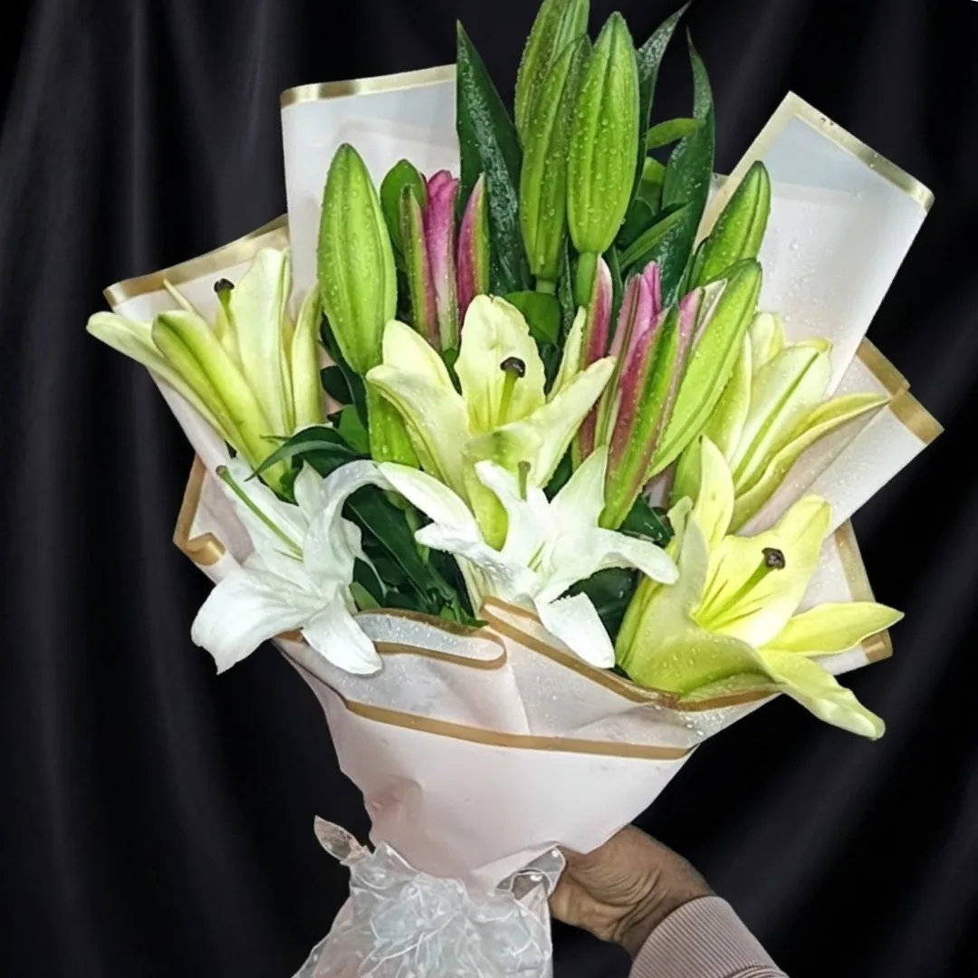 Premium White, Pink & Yellow Chinese Lily Handy Bouquet