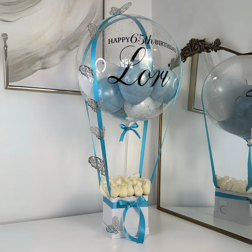 Elegant  Birthday Balloon Gift Box with White Roses