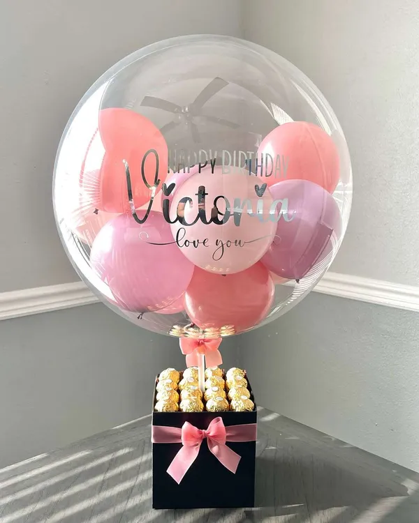 Romantic Pink Balloon Box with Ferrero Chocolates – Custom Birthday Gift for Her
