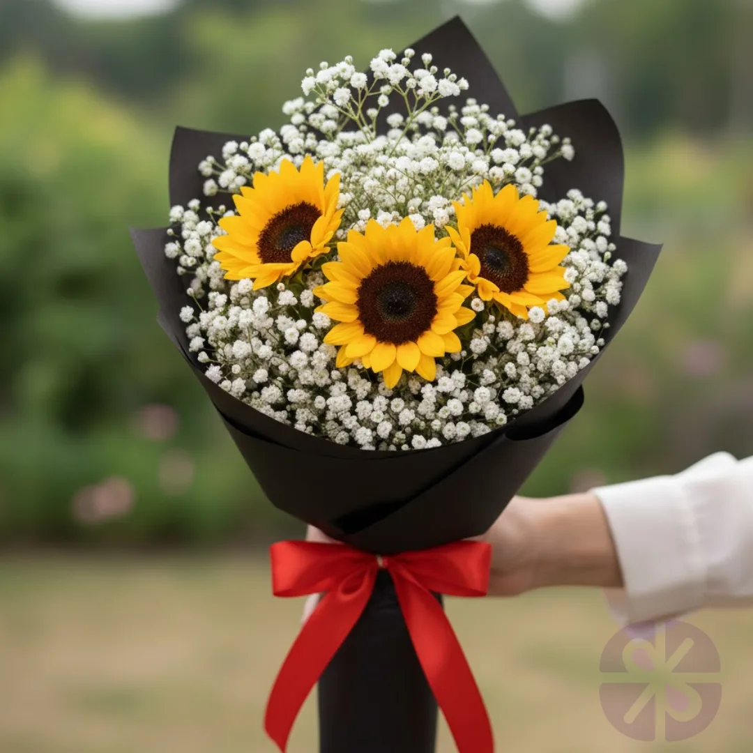 The Sunny Embrace Sunflower Trio & Baby's Breath Bouquet