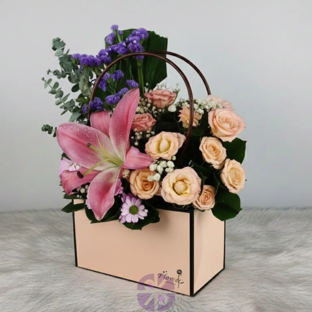 Elegant Bloom Bag Pink Lily, Rose & Purple Statice Mixing