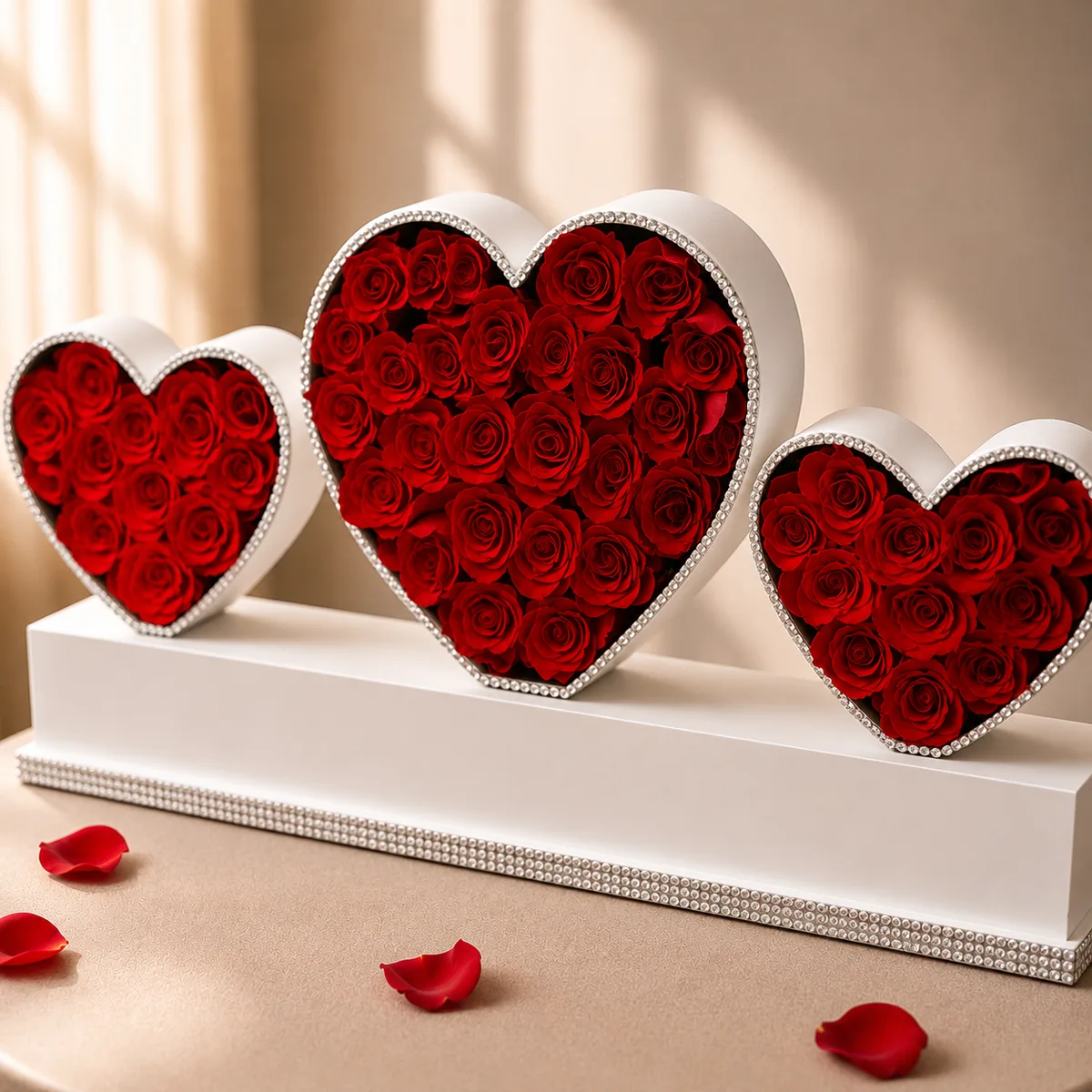The Triple Heart Luxury: Signature Rose Trio Anniversary Gift