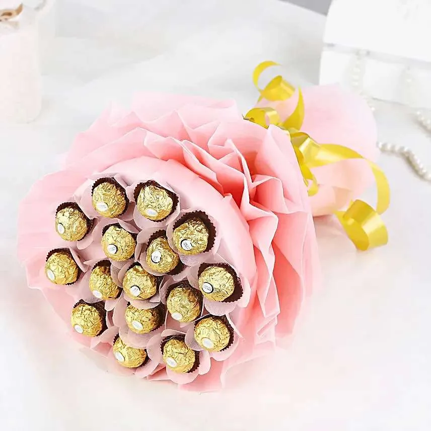 Blush Pink Ferrero Rocher Bouquet with Golden Bow – Luxury Chocolate Gift for Special Moments