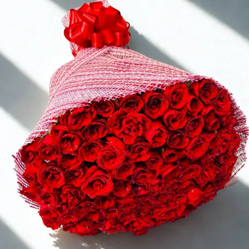 Classic 100 Red Roses Bouquet with Elegant Red Net Wrapping & Ribbon – Perfect for Proposal, Anniversary & Valentine’s Day