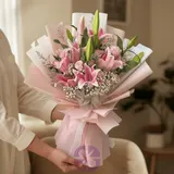 Elegant Pink Star Lily, Rose & Gypsy Flower Bouquet – photo 3
