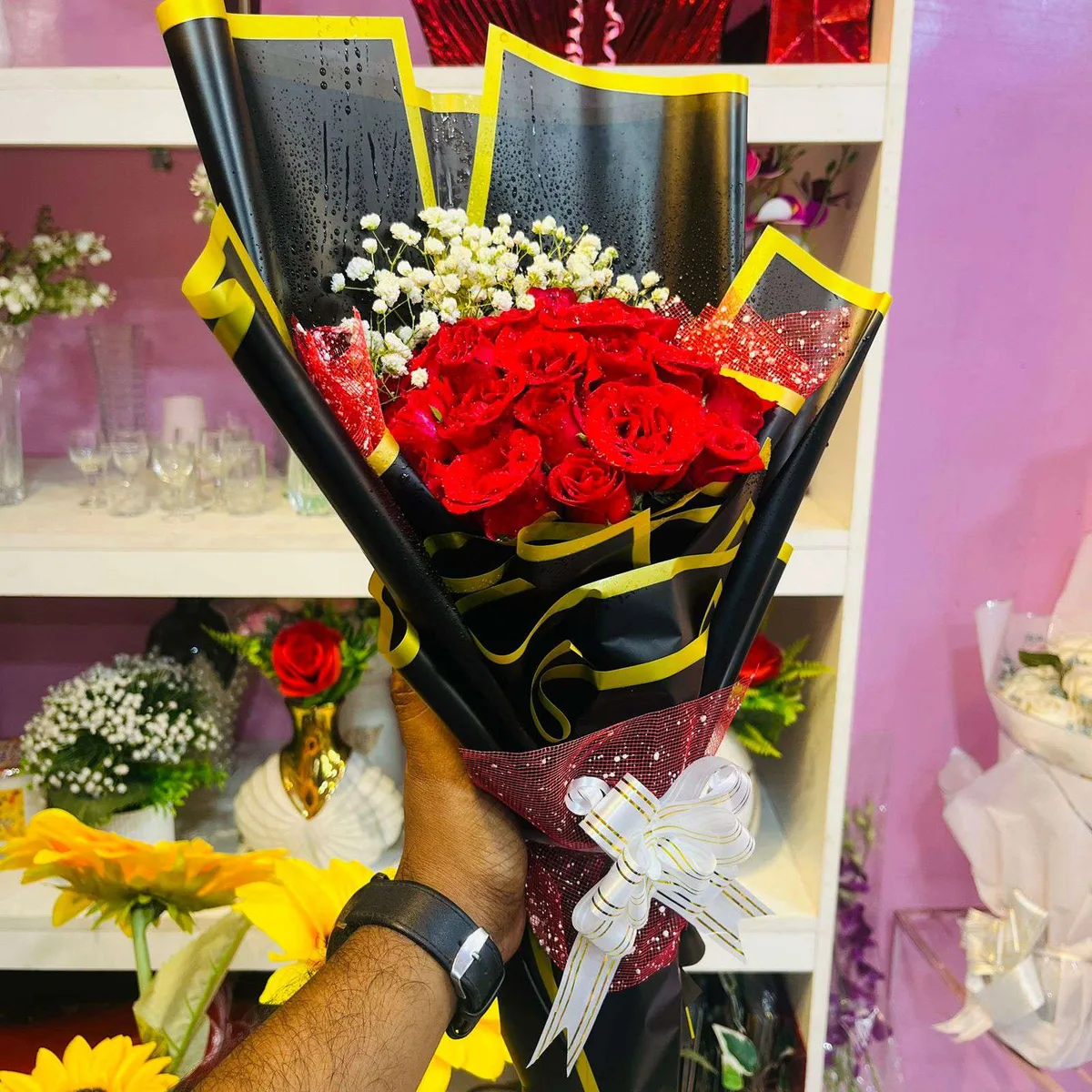 The Passionate Knight Red Roses in Black & Gold Wrap