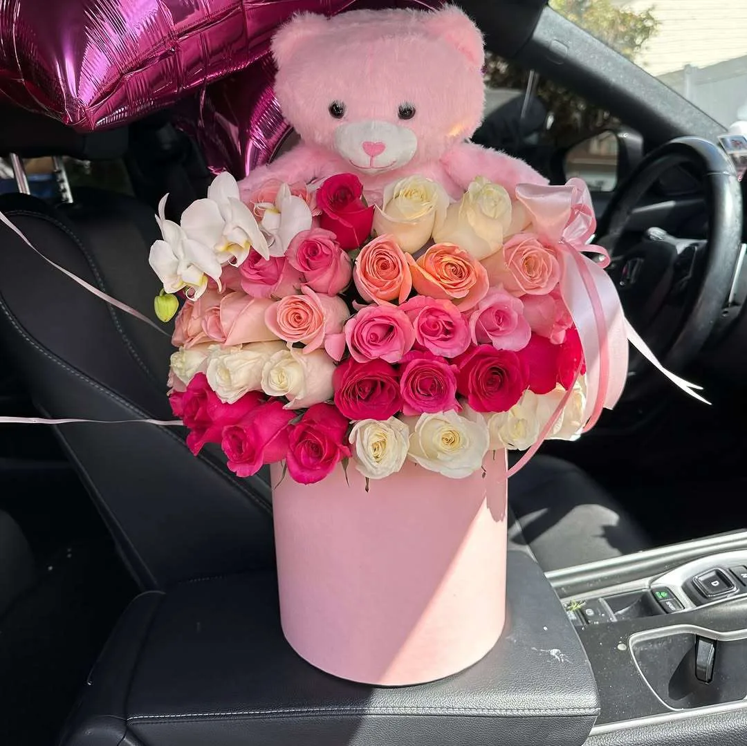Pink Rose box with Teddy Bear