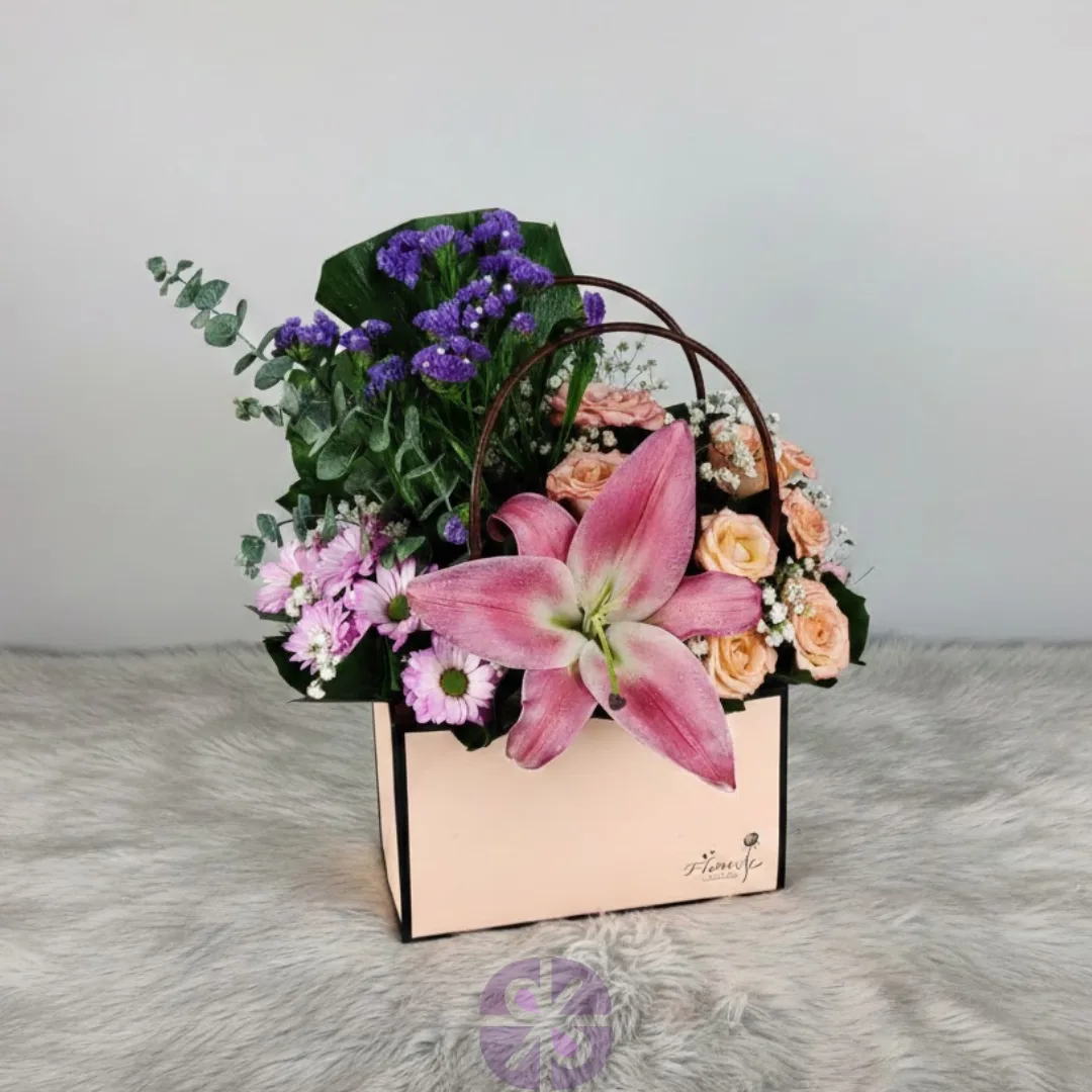 Elegant Bloom Bag Pink Lily, Rose & Purple Statice Mixing