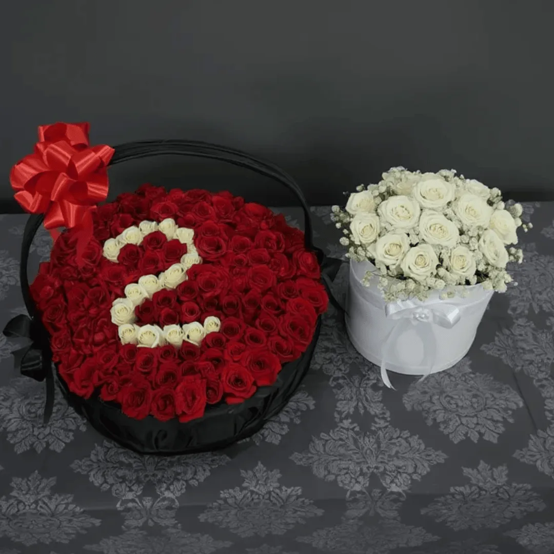 Ultimate Affection Personalized Red Rose Basket & White Rose Box Combo