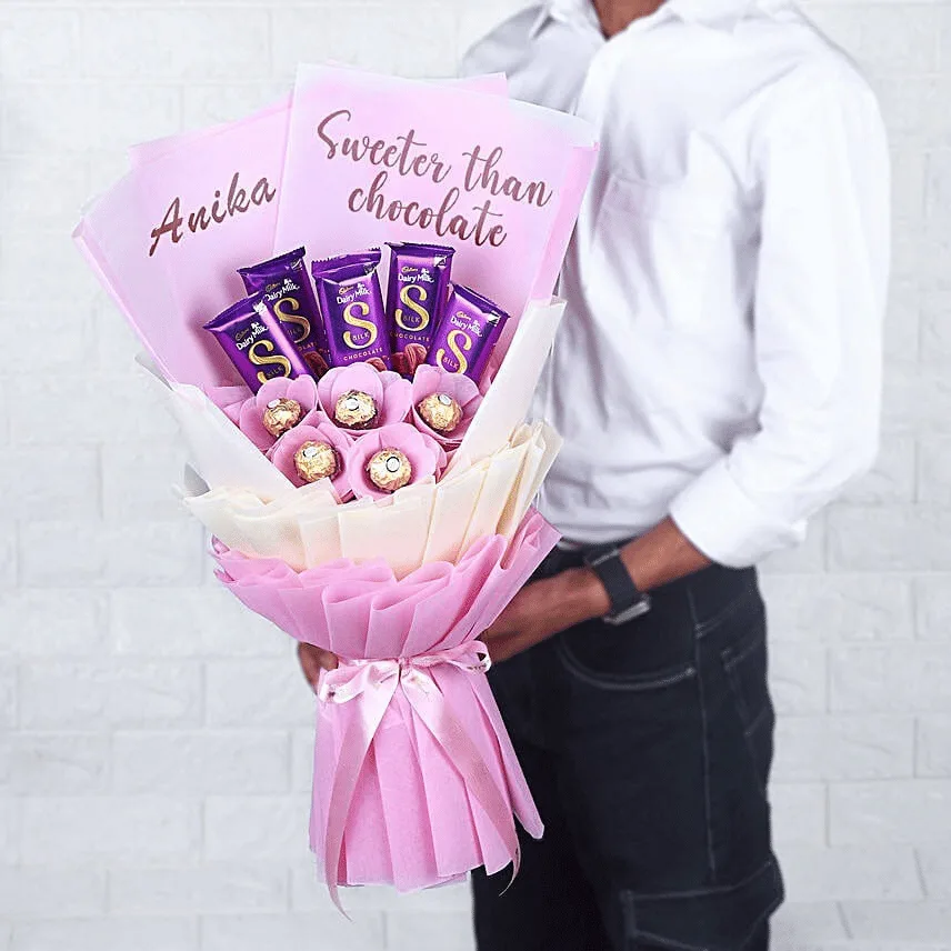 Personalized Pink Chocolate Bouquet with Ferrero Rocher & Dairy Milk Silk