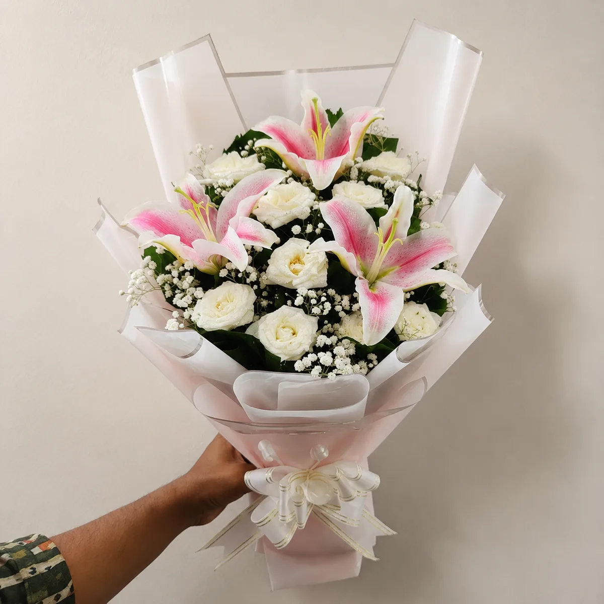 The Elegant Contrast Pink Lily & White Rose Harmony Bouquet