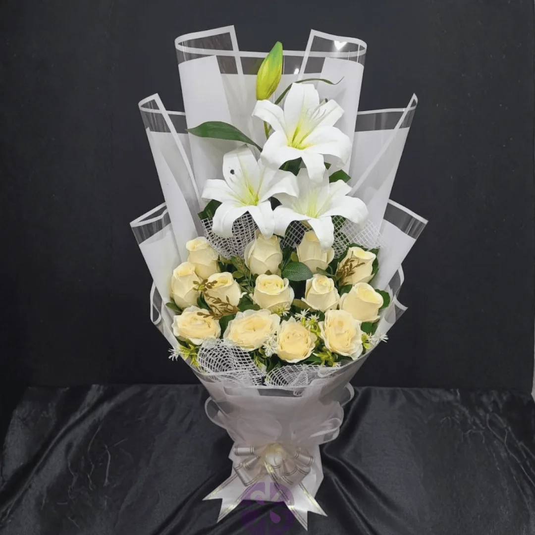 Pure Ivory Artificial White Lily & Rose Stand Bouquet