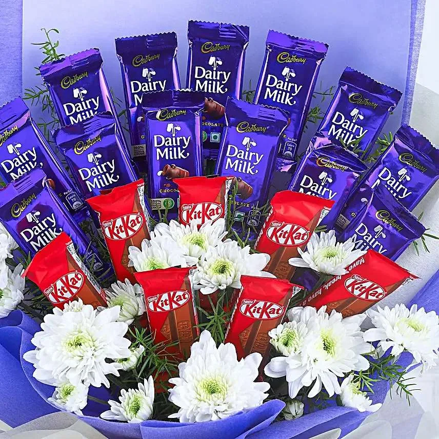Sweeter Than Chocolate Bouquet – Dairy Milk & KitKat Combo with White Blooms