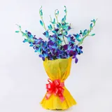 Vibrant Blue Orchid Bouquet with Yellow Wrap – photo 1
