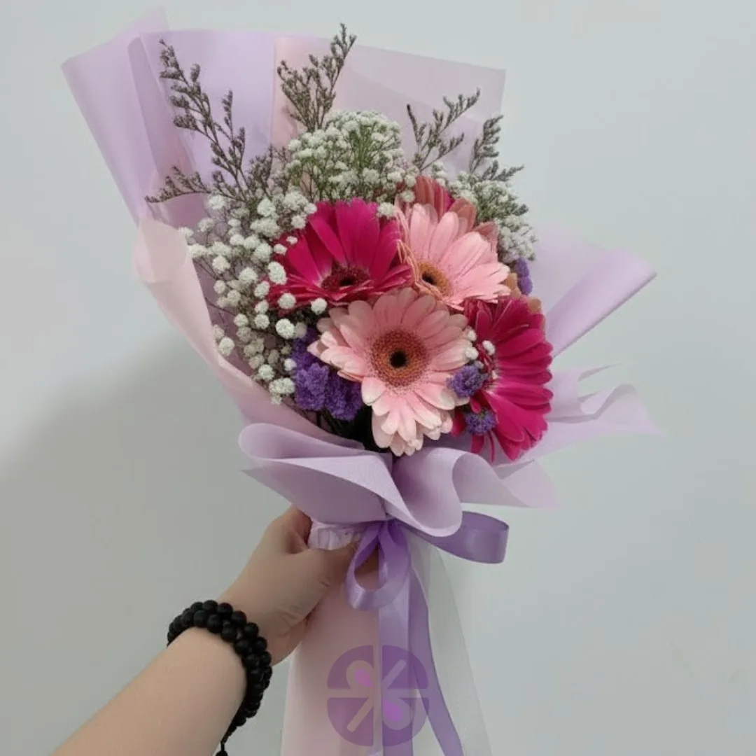 Enchanting Pink Gerbera Bouquet with Limonium & Baby's Breath