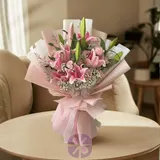 Elegant Pink Star Lily, Rose & Gypsy Flower Bouquet – photo 1