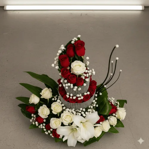 Elegant Red & White Flower Basket Arrangement – Luxury Gift Bouquet