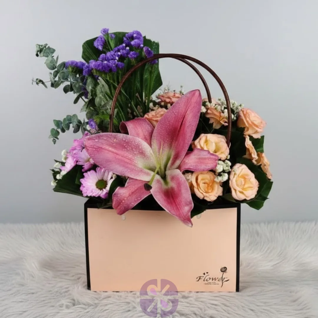 Elegant Bloom Bag Pink Lily, Rose & Purple Statice Mixing