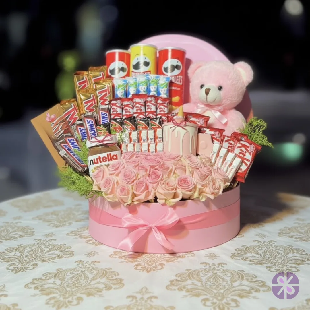 Pink Perfection Elegent Roses, Chocolates, and Teddy Gift Box