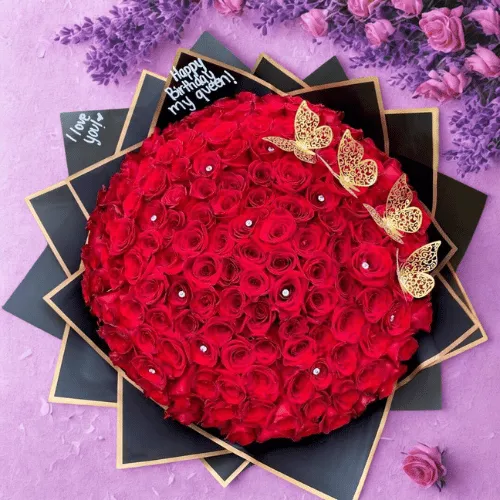 Luxury Red Rose Birthday Bouquet with Golden Butterflies