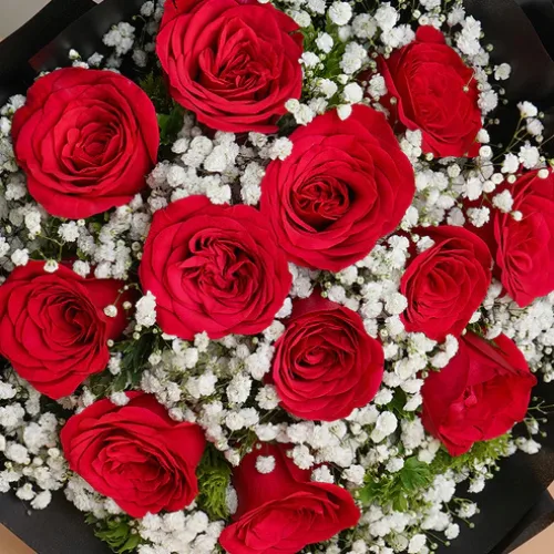Luxury Noir Red Roses, Baby's Breath & Black Wrap Statement