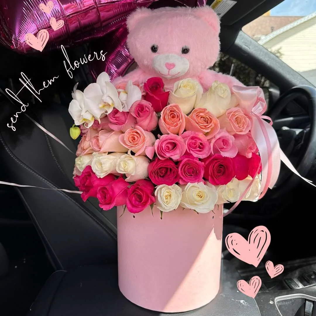 Pink Rose box with Teddy Bear