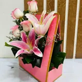 Pink Fantasy Chinese Lily and Pink Shade Roses Box Arrangement – photo 3