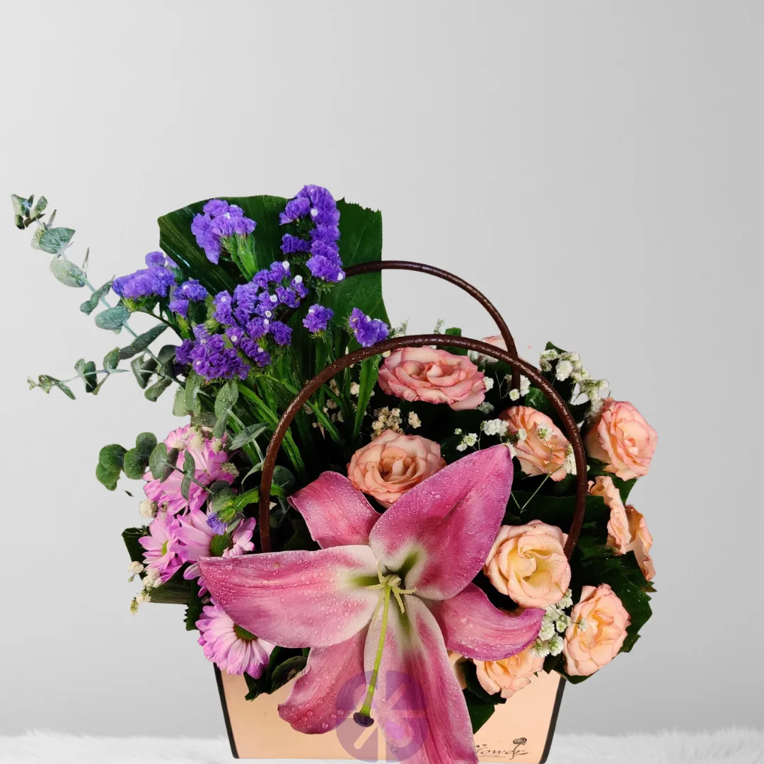 Elegant Bloom Bag Pink Lily, Rose & Purple Statice Mixing