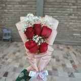 Five Chinese Red Rose Mini Bouquet in Baby Pink Wrap – photo 1