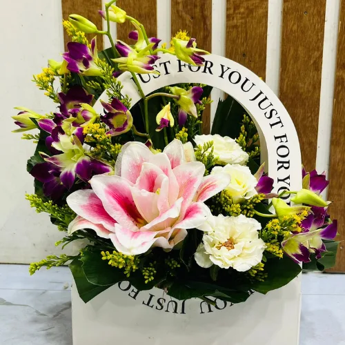 The Exotic Opulence White Box Lily, Orchid & Rose Mix