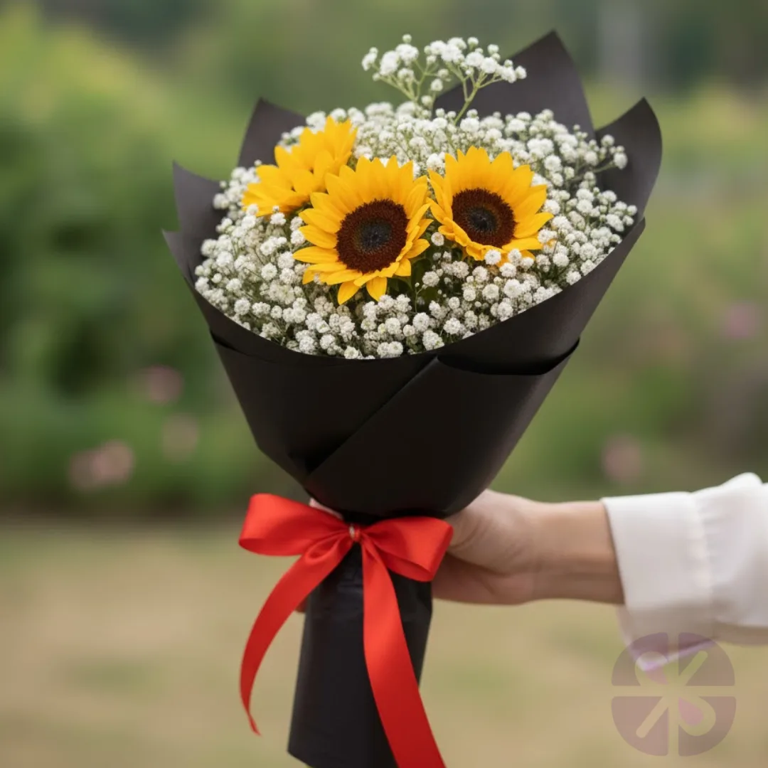 The Sunny Embrace Sunflower Trio & Baby's Breath Bouquet