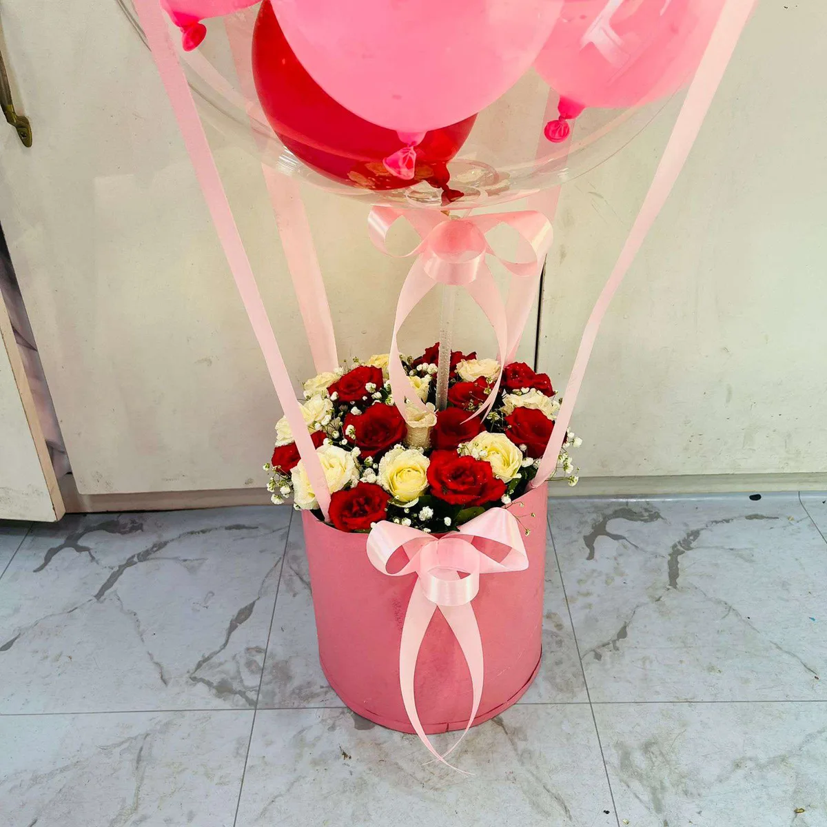 The Celebration Lift Personalized Balloon, Rose & Chocolate Bucket Combo