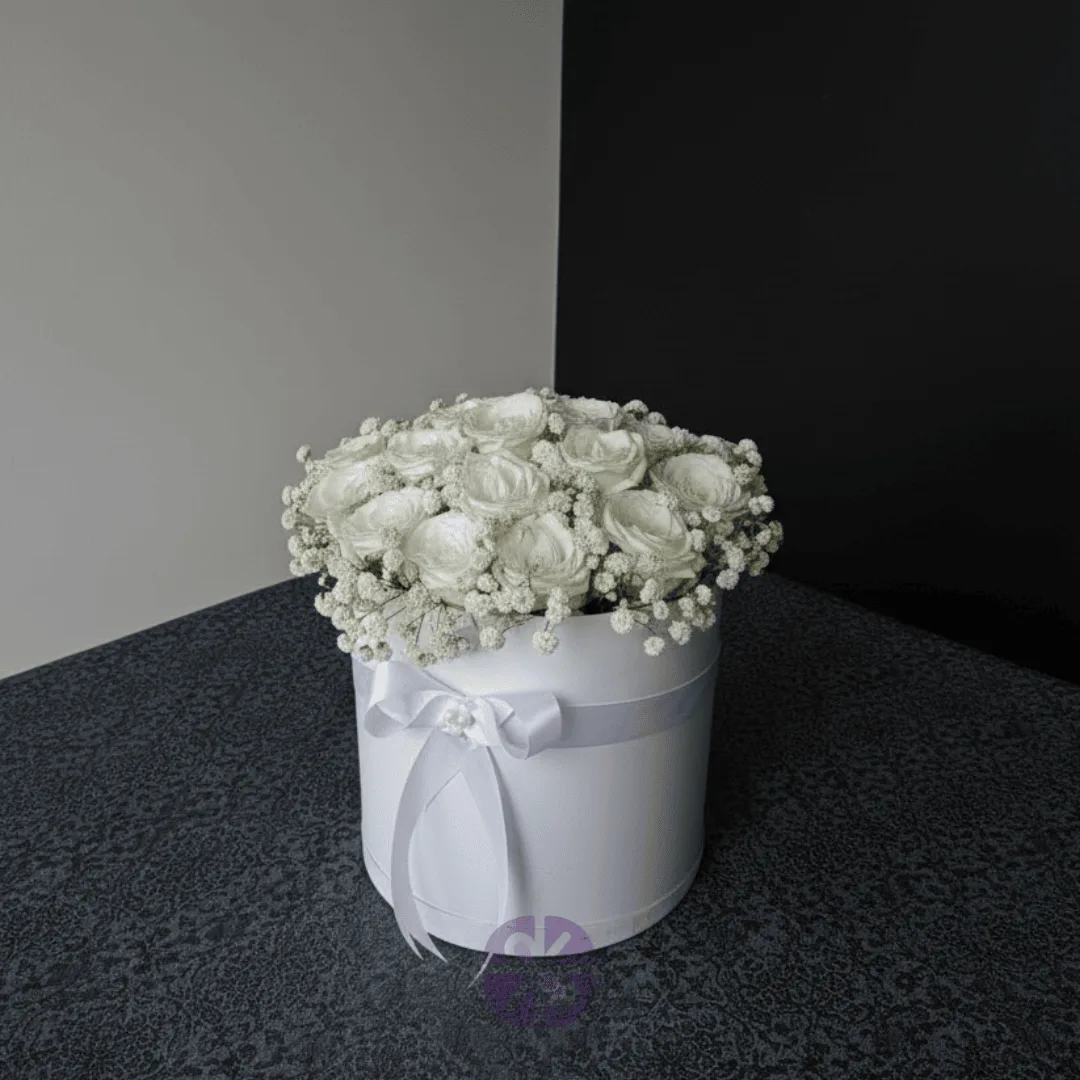 Purity Fresh White Premium Rose Round Box Arrangement