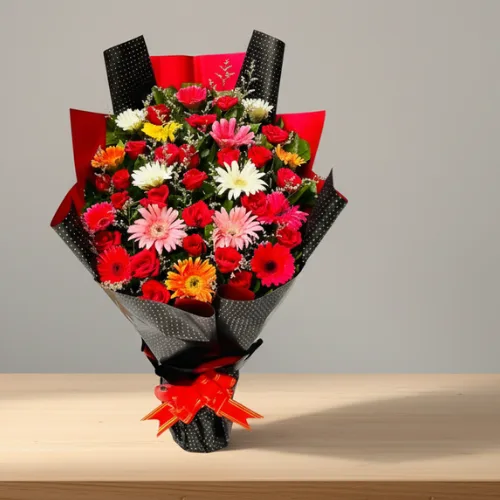 Multi-Color Gerbera and Red Rose Celebration Bouquet