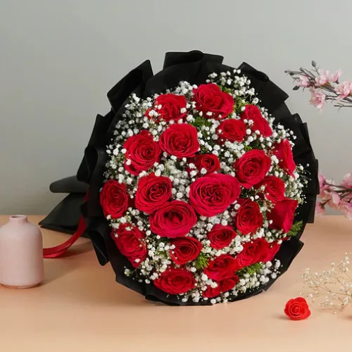 Luxury Noir Red Roses, Baby's Breath & Black Wrap Statement