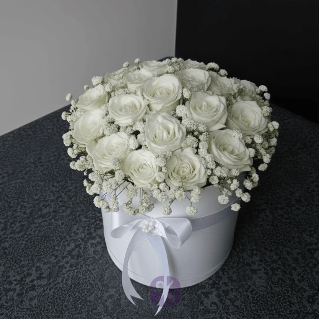 Purity Fresh White Premium Rose Round Box Arrangement